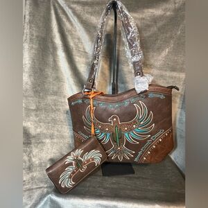 American Bling Aztec Brown Faux Leather Purse & Wristlet Wallet Set. NEW!